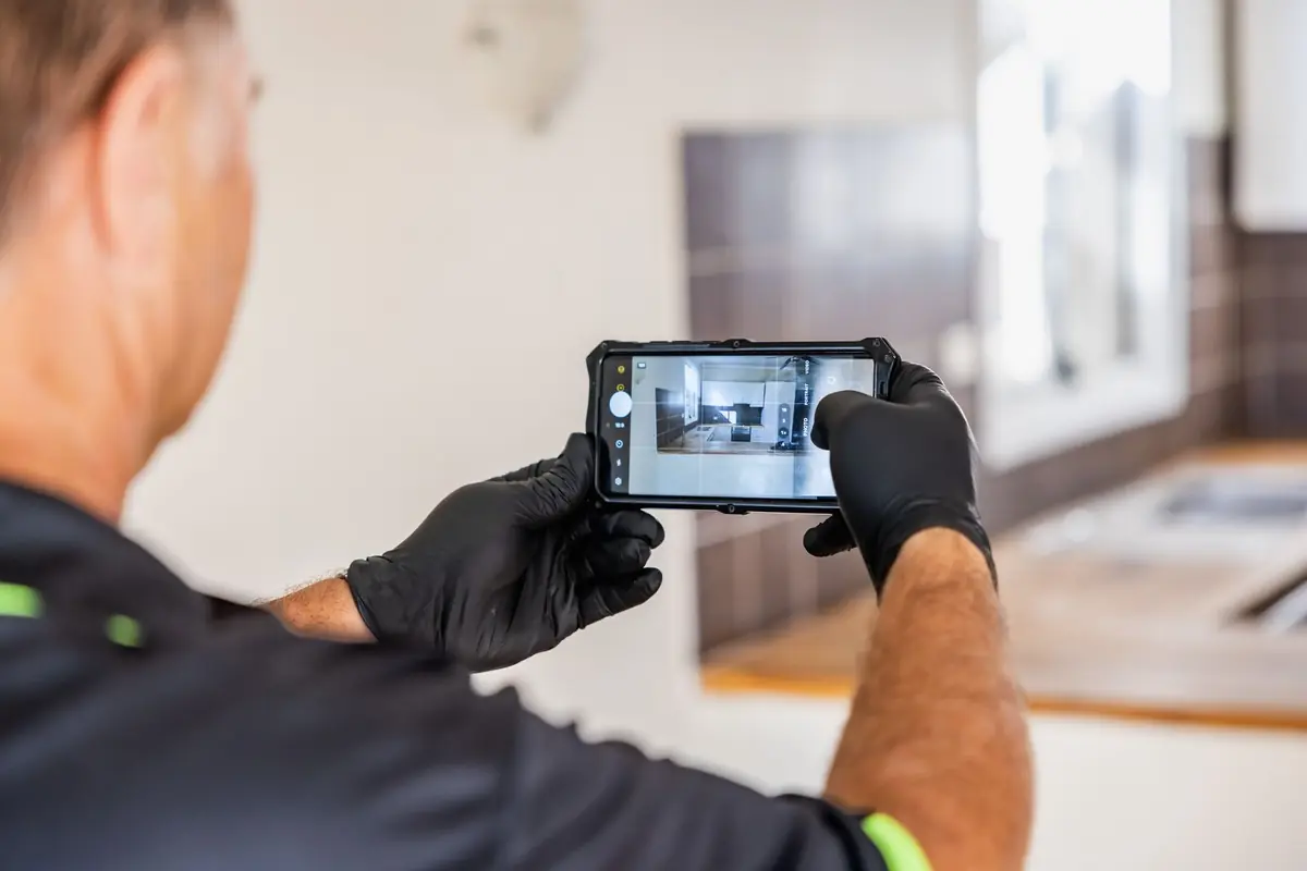 Inspector photographing a kitchen on a phone to record condition for a dilapidation report