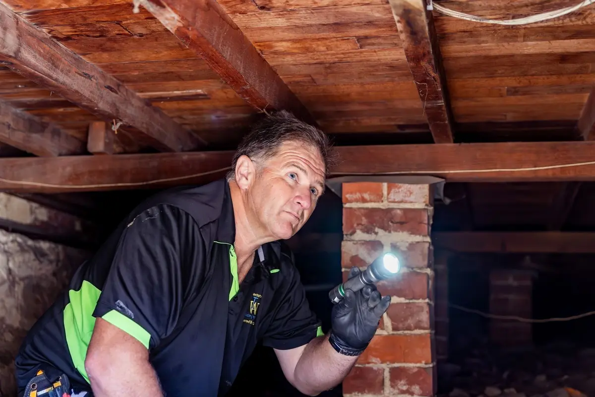 Building inspector checking a subfloor brick pier with a torch during an inspection in Pinjarra